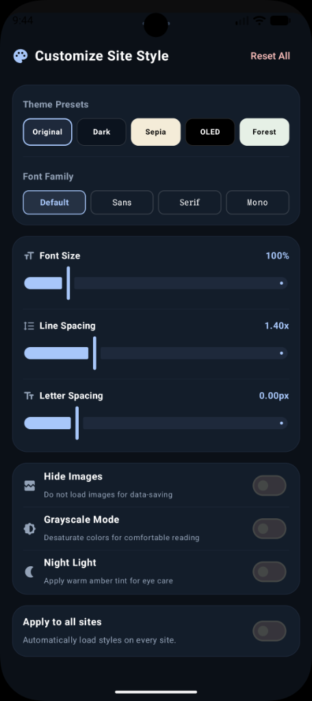 Customize Site Style Dashboard
