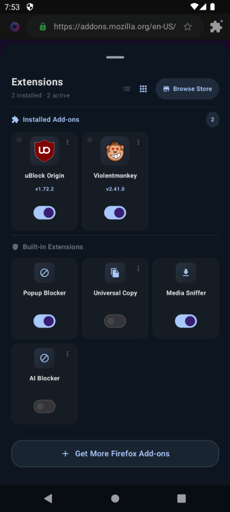 Extensions Manager Screen